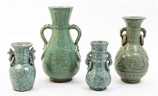 * Four Celadon Glazed Vessels Height of tallest 11 1/2 inches.
