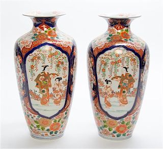 * A Pair of Japanese Porcelain Vases Height 14 1/2 inches.