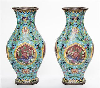 * A Pair of Chinese Cloisonne Lobed Vases. Height 12 1/2 inches.
