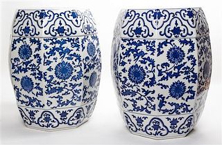 A Pair of Blue and White Porcelain Garden Seats. Height of each 19 inches.