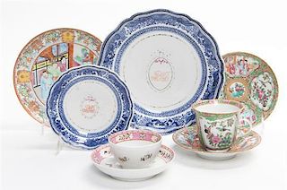 A Collection of Eight Chinese Export Cups, Saucers, and Plates. Diameter of largest plate 9 1/2 inches.