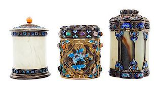 A Group of Three Enameled Hardstone and Gilt Silver Vessels Height of first 6 1/2 inches.