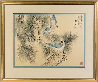 * A Contemporary Chinese Watercolor on Silk Height 19 x width 26 inches.