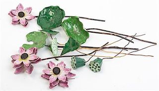 * A Group of Enameled Models of Lotus Pods and Flowers Length of longest 19 inches.