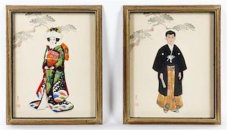 * A Pair of Japanese Collages Height 11 x width 8 1/2 inches.