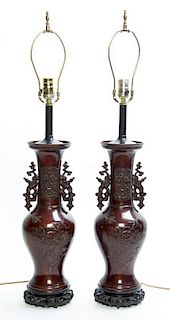 * A Pair of Japanese Bronze Vases Height 32 1/2 inches.