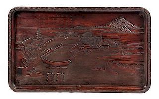 A Japanese Carved Cypress Wood Panel Height 32 3/4 x width 53 inches.