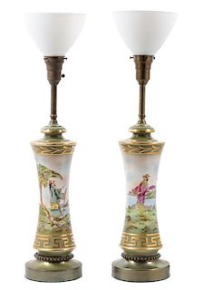 A Pair of Nippon Porcelain Vases Height 32 1/4 inches.