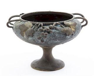 A Japanese Patinated Bronze Jardiniere Height 7 3/4 x width over handles 11 3/4 inches.