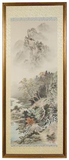 Two Japanese Ink and Color Paintings Height 54 1/4 x width 22 1/2 inches (framed).