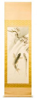 * A Japanese Ink and Color on Paper Scroll, , Carps