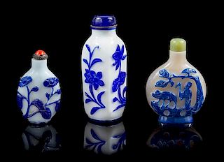 * Three Blue Overlay White Peking Glass Snuff Bottles Height of tallest 4 inches.