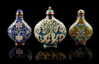 * Three Cloisonne Enamel Snuff Bottles Height of tallest 3 inches.
