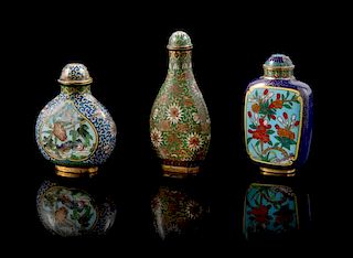 * Three Cloisonne Enamel Snuff Bottles Height of tallest 3 1/2 inches.