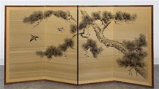 A Japanese Painted Silk Four-Panel Screen Height 36 x width 74 inches.
