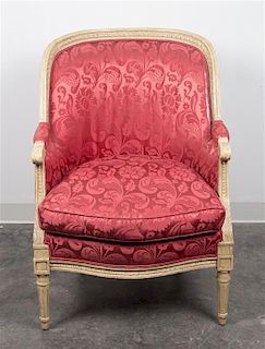 * A Louis XVI Style Painted Bergere Height 36 x width 26 x depth 26 inches.
