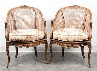 * A Pair of Louis XV Style Walnut Corner Bergeres Height 34 1/2 x width 23 1/2 x depth 19 inches.