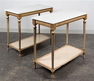 A Pair of Louis XVI Style Painted and Parcel Gilt Console Tables Height 33 x width 36 1/4 x depth 18 inches.
