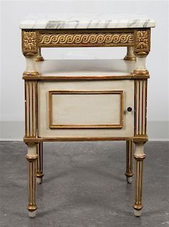 A Louis XVI Style Painted and Parcel Gilt Side Table Height 26 x width 16 3/4 x depth 16 3/4 inches.