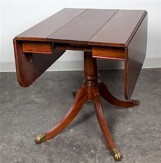 * A Regency Style Mahogany Drop Leaf Table Height 29 5/8 x width 36 x depth 19 3/4 inches (closed).