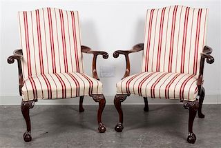 * A Pair of Georgian Style Mahogany Library Chairs Height 39 1/2 x width 26 x depth 21 inches.
