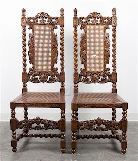 * A Pair of Jacobean Style Side Chairs Height 51 1/2 x width 19 1/4 x depth 17 1/2 inches.