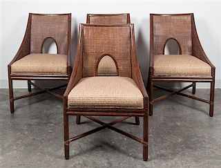 An American Bamboo and Rattan Table and Chairs Height of chairs 34 inches.