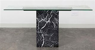 An Italian Marble and Glass Pedestal Table Height 28 3/8 x width 60 x depth 16 1/4 inches.