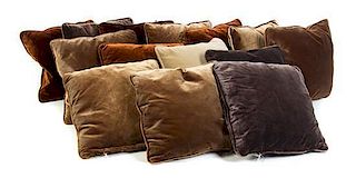 A Group of Fourteen Velvet Throw Pillows Height of each 15 x width 15 inches.