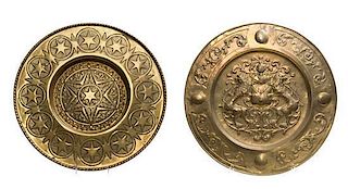 Two Brass Chargers Diameter of largest 30 3/4 inches.