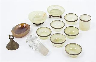 * A Group of Silvered Metal-Mounted Hardstone Articles Diameter of largest 2 1/2 inches.