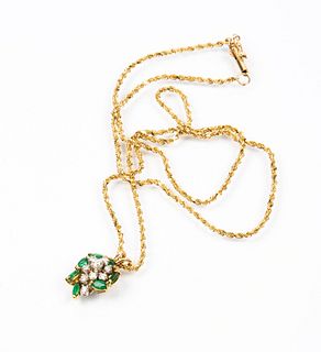 14K Rope Chain with Diamond and Emerald Cluster Pendant