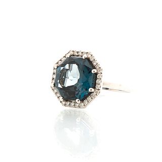 14K London Blue Topaz and Diamond Cocktail Ring, Marked