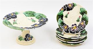 A Majolica Partial Dessert Service Height of serving dish 5 1/2 inches.