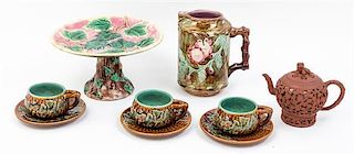 A Collection of Majolica Tea Articles Height of pitcher 7 inches.