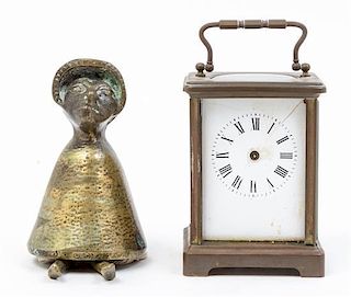 A Group of Brass Articles Height of clock 4 1/2 inches.