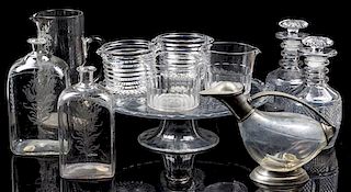 A Collection of Eleven Glass Table Articles Height of pitcher 10 1/4 inches.