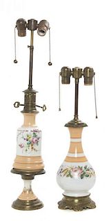 Two Enameled Opaline Glass Lamps Height of taller 27 inches.