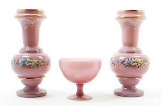 Three Pink Opaline Glass Articles Height of vase 11 3/8 inches.