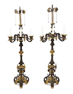 A Pair of Neoclassical Gilt and Patinated Bronze Six-Light Candelabra Height 42 inches.