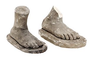 Two Continental Cast Plaster Foot Fragments, AFTER THE ANTIQUE, Height of taller 6 1/2 x width 8 1/4 inches.