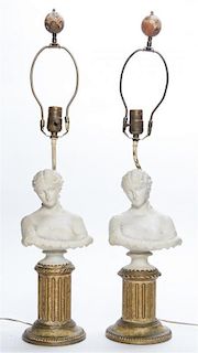 * A Pair of Bisque Porcelain Busts Mounted as Lamps Height 20 1/4 inches.