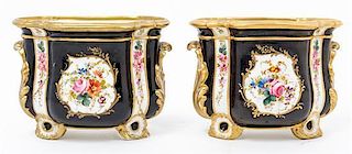 A Pair of French Porcelain Cache Pots Height 5 1/2 inches.