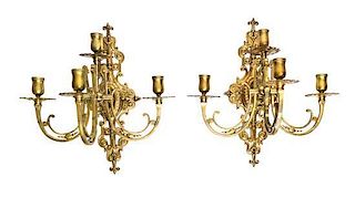 A Pair of Neoclassical Brass Four-Light Sconces Height 16 inches.