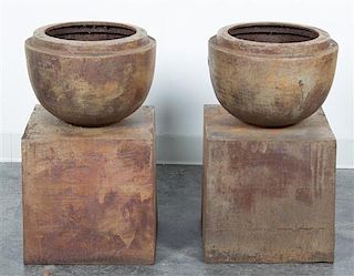 A Pair of German Cast Iron Urns, Eschbach Height 23 3/4 inches.