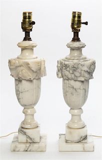A Pair of Italian Marble Table Lamps Height 18 inches.