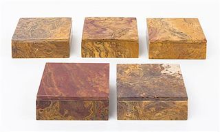 A Collection of Five Hardstone Boxes Height of largest 1 7/8 x width 5 x depth 4 1/8 inches.