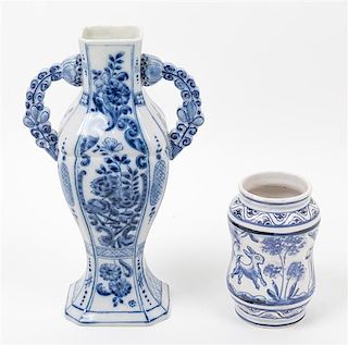 Two Continental Blue and White Porcelain Vases. Height of taller 11 inches.