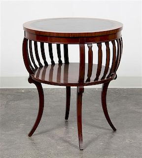 * A Regency Style Mahogany Drum Table Height 27 1/2 x diameter 23 3/4 inches.
