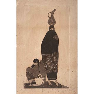 ROBERTO MONTENEGRO, Sin título (Mujer maya), 1926, Firmado, Grabado al aguafuerte y aguatinta S/N, 40 x 25 cm